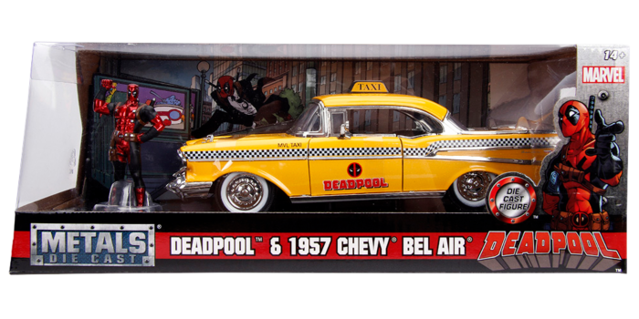 Deadpool - Deadpool with 1957 Chevy Bel Air Yellow Taxi 1/24th Scale Die-Cast Vehicle Replica